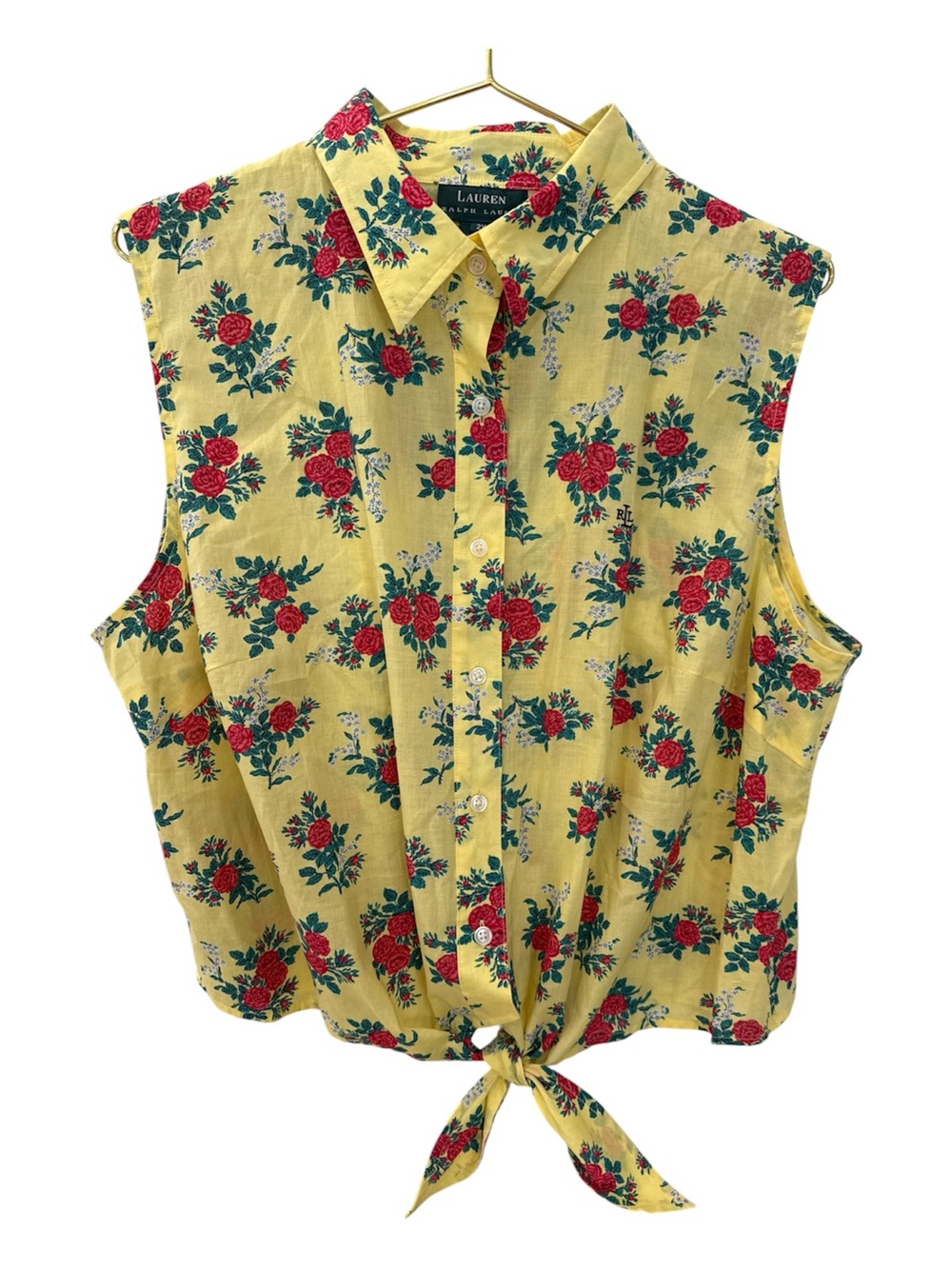 Lauren Ralph Lauren Vintage Yellow Floral Tie-Front Sleeveless Button-Up Top